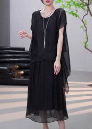 Loose Black Asymmetrical False Two Pieces Chiffon Dress Summer