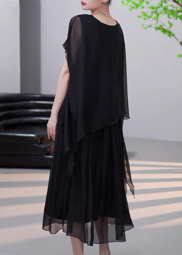 Loose Black Asymmetrical False Two Pieces Chiffon Dress Summer