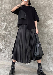 Loose Black Asymmetrical Patchwork Cotton Pleated Skirt Summer