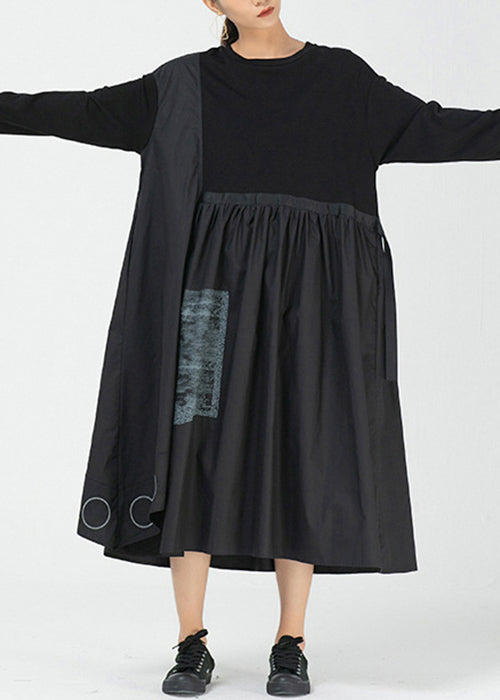 Loose Black Asymmetrical Print Cotton Dress Long Sleeve