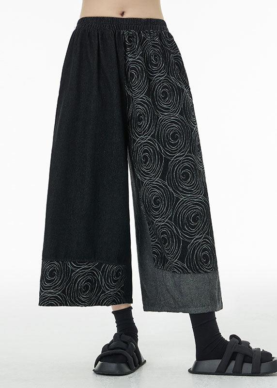 Loose Black Asymmetrical Print Cotton Wide Leg Pants Summer