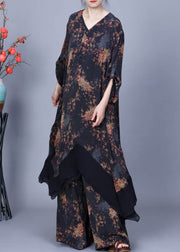 Loose Black Asymmetrical Print Silk Two Piece Set Summer