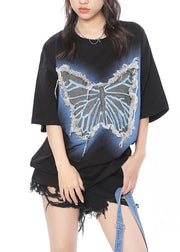 Loose Black Bow Patchwork Cotton Top Half Sleeve