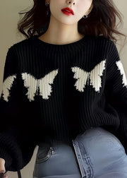 Loose Black Butterfly Print Knit Sweater Winter