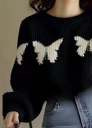 Loose Black Butterfly Print Knit Sweater Winter