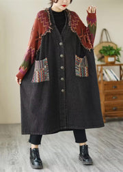 Loose Black Button Knit Patchwork Denim Long Coats Long Sleeve