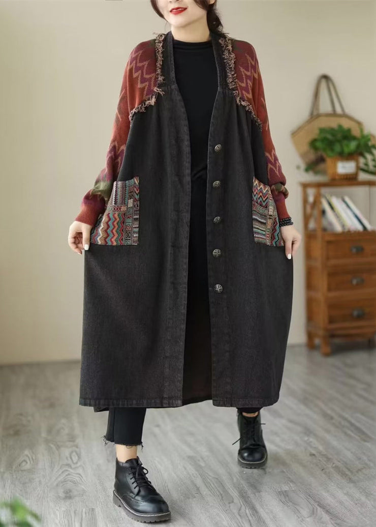 Loose Black Button Knit Patchwork Denim Long Coats Long Sleeve