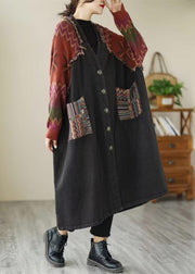 Loose Black Button Knit Patchwork Denim Long Coats Long Sleeve