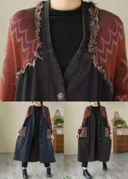 Loose Black Button Knit Patchwork Denim Long Coats Long Sleeve