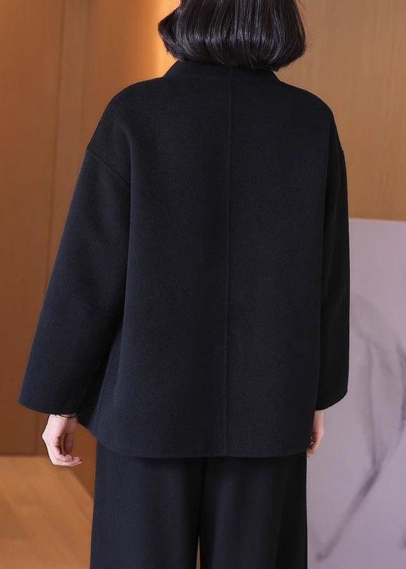 Loose Black Button Pockets Patchwork Woolen Coat Spring