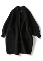 Loose Black Button Pockets Patchwork Woolen Coats Winter