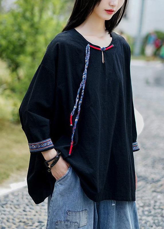 Loose Black Button Solid Linen Tops Bracelet Sleeve