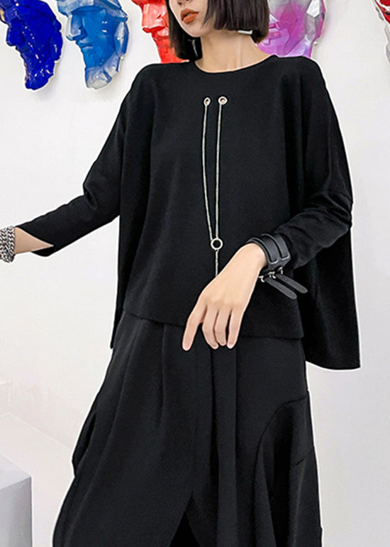 Loose Black Chain Linked High Design Patchwork Cotton Tops Batwing Sleeve