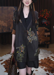 Loose Black Chinese Button Print Silk Shirt Half Sleeve