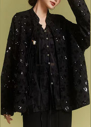 Loose Black Chinese Button Sequins Coats Fall