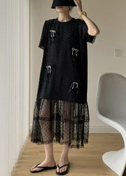 Loose Black Dot Zircon Patchwork Cotton Dresses Summer