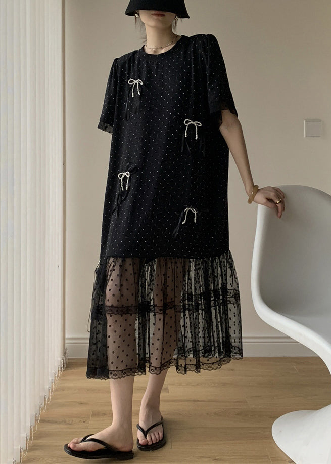 Loose Black Dot Zircon Patchwork Cotton Dresses Summer