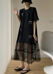 Loose Black Dot Zircon Patchwork Cotton Dresses Summer