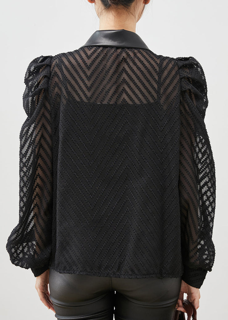 Loose Black Double Breast Patchwork Chiffon Shirt Puff Sleeve