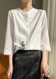 Loose Black Embroidered Button Silk Shirts Bracelet Sleeve