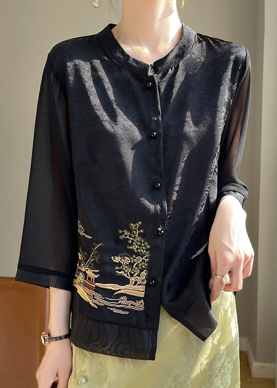 Loose Black Embroidered Button Silk Shirts Bracelet Sleeve