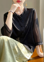 Loose Black Embroidered Button Silk Shirts Bracelet Sleeve