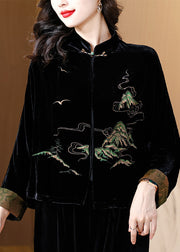 Loose Black Embroidered Button Silk Velour Coat Fall