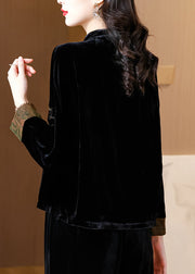 Loose Black Embroidered Button Silk Velour Coat Fall