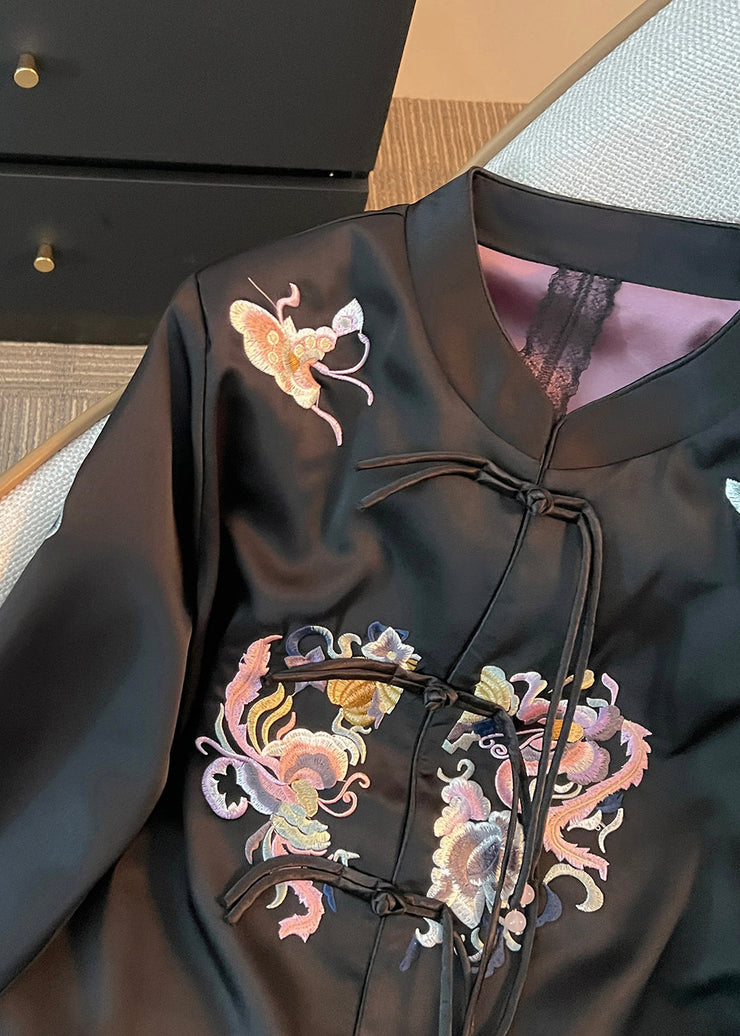 Loose Black Embroidered Chinese Button Silk Coat Fall