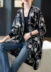 Loose Black Embroidered Cotton Cardigan Batwing Sleeve