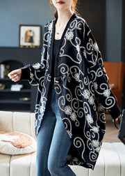 Loose Black Embroidered Cotton Cardigan Batwing Sleeve