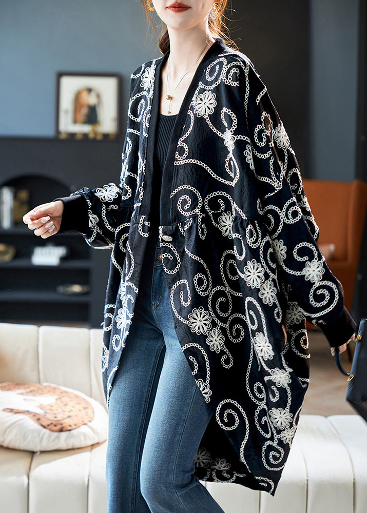 Loose Black Embroidered Cotton Cardigan Batwing Sleeve