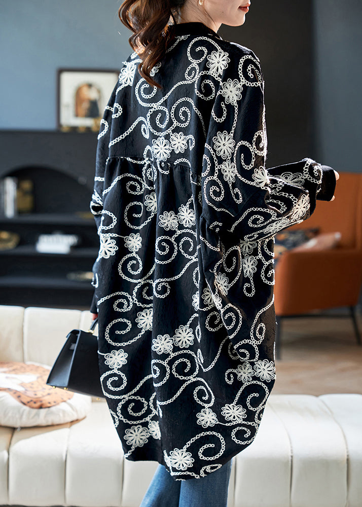 Loose Black Embroidered Cotton Cardigan Batwing Sleeve