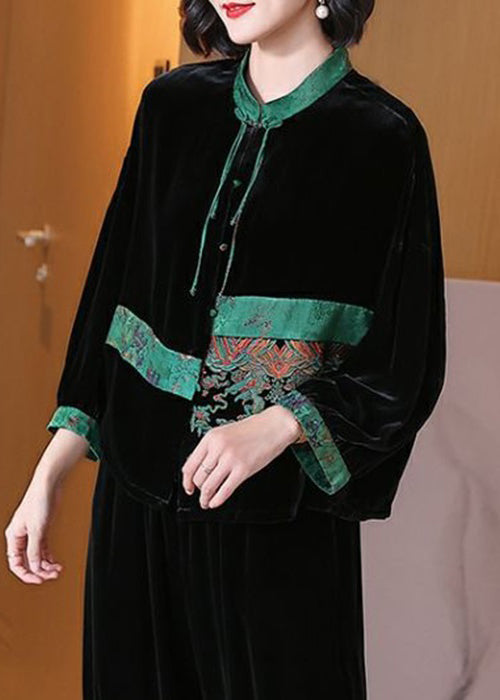 Loose Black Embroidered Button Silk Velour Top Long Sleeve