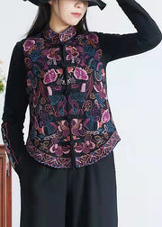 Loose Black Embroideried Chinese Button Patchwork Linen Waistcoat Sleeveless