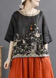 Loose Black Embroidered Low High Design Linen Top Summer