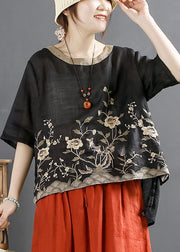 Loose Black Embroidered Low High Design Linen Top Summer