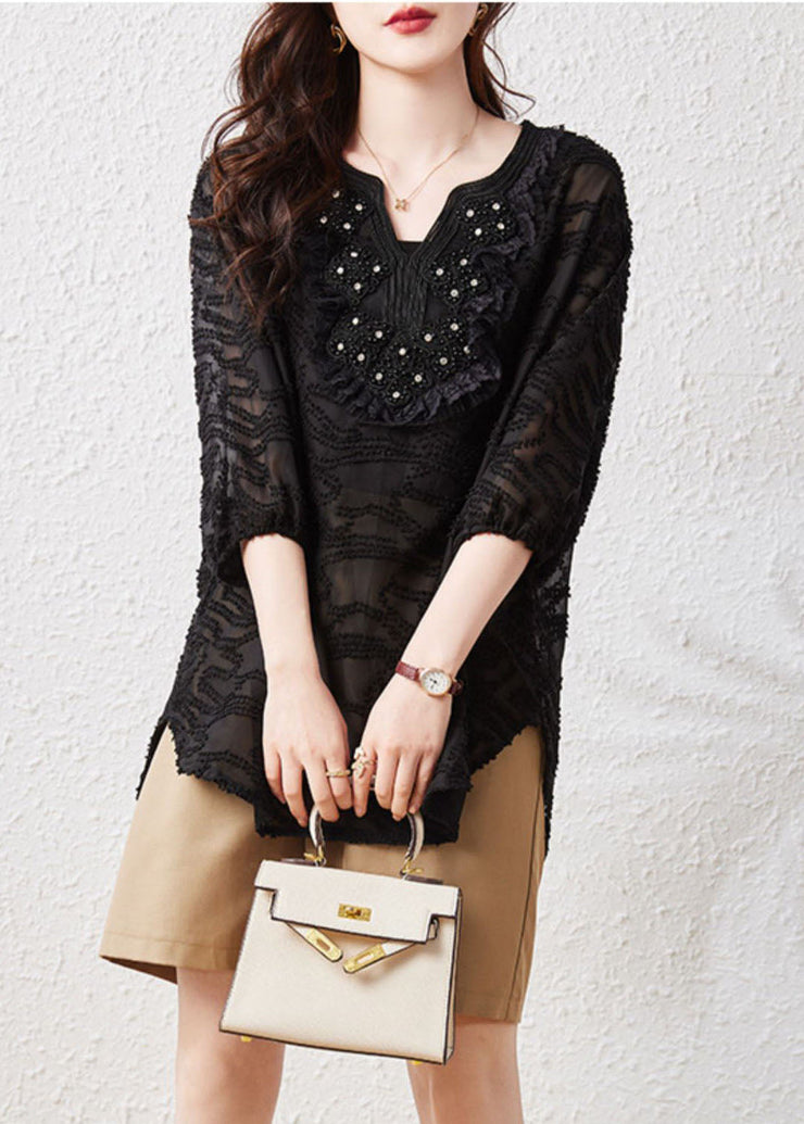 Loose Black Embroideried Nail Bead Patchwork Chiffon Shirt Tops Summer