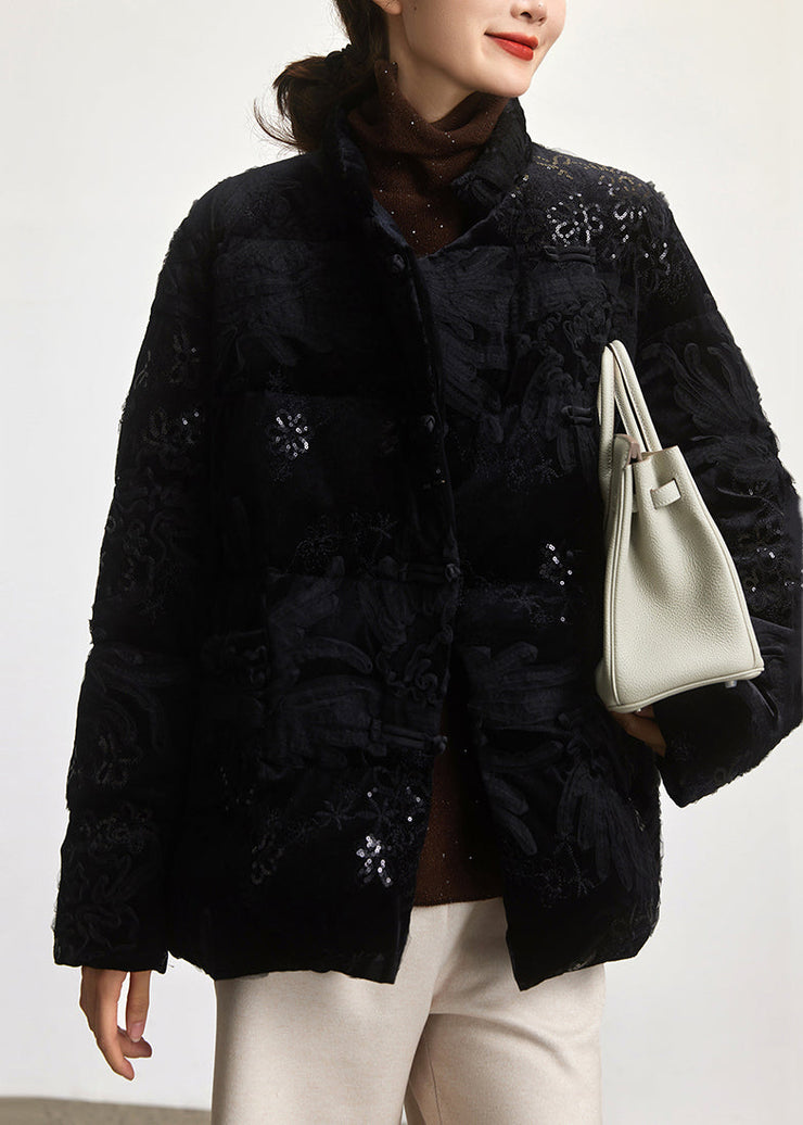 Loose Black Embroidered Sequins Duck Down Coat Long Sleeve