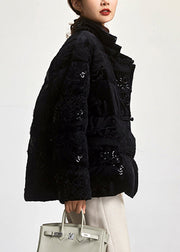 Loose Black Embroidered Sequins Duck Down Coat Long Sleeve