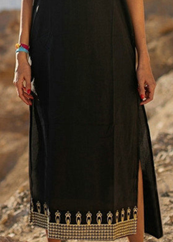 Loose Black Embroideried Side Open Vacation Long Dresses Short Sleeve