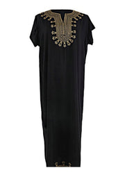 Loose Black Embroideried Side Open Vacation Long Dresses Short Sleeve