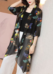 Loose Black Feather Print Patchwork Chiffon Cardigan Summer