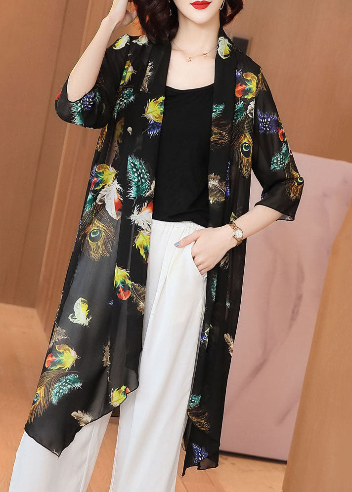 Loose Black Feather Print Patchwork Chiffon Cardigan Summer