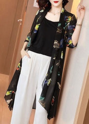 Loose Black Feather Print Patchwork Chiffon Cardigan Summer