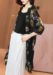 Loose Black Feather Print Patchwork Chiffon Cardigan Summer