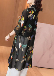 Loose Black Feather Print Patchwork Chiffon Cardigan Summer