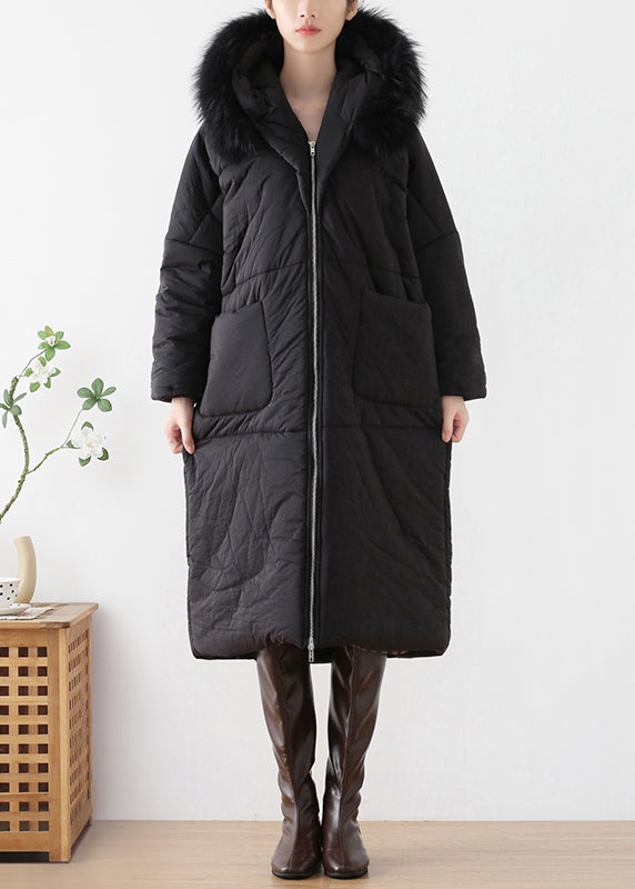 Loose Black Fur Collar Thick Hooded Maxi Parka Winter