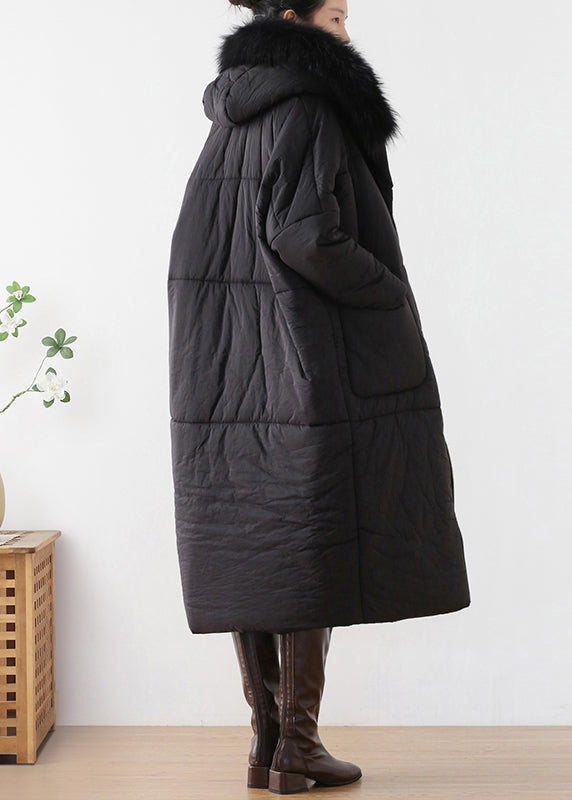 Loose Black Fur Collar Thick Hooded Maxi Parka Winter