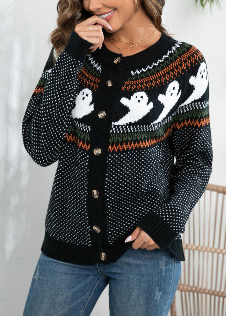 Loose Black Ghost Dot Patchwork Knit Cardigan Fall